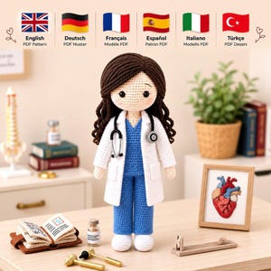 Schema PDF per bambola dottore all'uncinetto, schema per bambola dottore amigurumi, bambola infermiera all'uncinetto, bambola medica, tutorial per bambola di peluche, regalo fai da te