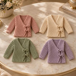 Può includere: Quattro maglioni a portafoglio a maniche lunghe in rosa polvere, crema, verde salvia e lavanda. Ogni maglione presenta una trama a maglia a coste, uno scollo a V e due fiocchi decorativi sulla chiusura laterale. I capi sono disposti a griglia.