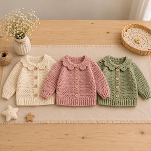 Baby Cardigan Crochet Pattern PDF, Scalloped Collar Cardigan, Newborn Sweater Pattern, Top Down Raglan Baby Jacket
