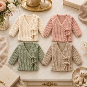 May include: Four long-sleeved wrap cardigans in cream, dusty pink, sage green, and beige. Each knit sweater features a V-neckline and two side-tie closures with bows. The garments have a vertical ribbed texture and are arranged on a flat surface.