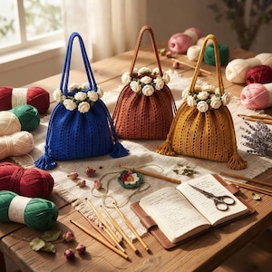 May include: Three handmade crochet drawstring bags in blue, rust orange, and mustard yellow, each featuring a decorative ring of small white crocheted flowers around the top opening and matching tassels on the sides, displayed on a wooden table.