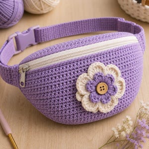 May include: A lavender crochet fanny pack featuring a white zipper closure and an adjustable strap with a plastic buckle. The front is decorated with a layered flower applique in cream and lavender, centered with a small brown wooden button.