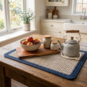 May include: A rectangular crochet placemat with a beige center and a dark blue border. On the placemat sits a wooden cutting board holding a speckled ceramic bowl of fruit, two ceramic canisters labeled Flour and Salt, and a gray tea kettle.