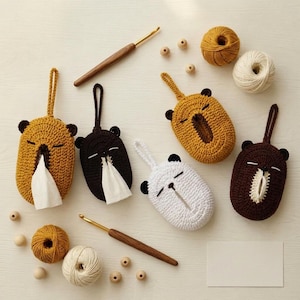 May include: Four oval-shaped crochet animal tissue holders in mustard, dark brown, and white, each with a hanging loop and embroidered facial features. Includes two wooden crochet hooks, four yarn balls, several wooden beads, and a blank card.