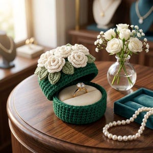 May include: A round, dark green crocheted ring box featuring a lid adorned with cream-colored crocheted roses and green leaves. Inside the box, a gold ring with a clear stone sits on a cream-colored velvet cushion. The box is on a wooden surface.