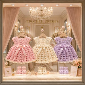 Könnte beinhalten: Drei handgefertigte Häkelkleider in Rosa, Creme und Lavendel, jeweils mit einer Satinbandschleife in der Taille und einem gewellten Saum. Unter jedem Kleid steht ein passendes Paar gehäkelte Babyschuhe, präsentiert in einem Schaufenster.