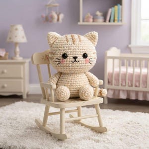 May include: A cream-colored crocheted cat plush toy with light brown stripes, black button eyes, a small black embroidered nose and mouth, and pink stitched cheeks, sitting upright on a small, light-colored wooden rocking chair.