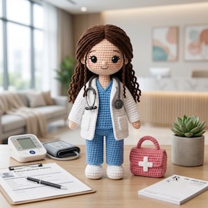 May include: A crochet doll dressed as a medical professional, wearing a white lab coat over blue scrubs with a stethoscope around its neck. The doll has long brown hair and stands next to a small pink medical bag with a white cross emblem.