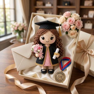 May include: A crochet doll with brown hair wearing a black graduation cap and gown over a pink dress. The doll holds a small bouquet of pink flowers and a white diploma. Included in the gift box are a gold Class of 2024 medal and pink roses.