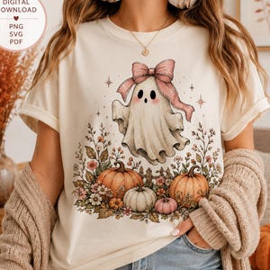 Coquette Ghost PNG, Pink Bow Pumpkin Patch, Halloween Floral Sublimation, Cute Pastel Girly Fall Ghost Clipart, DTF PNG Digital Download