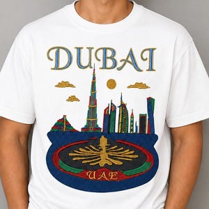 Ricamo raffigurante lo skyline di Dubai, Emirati Arabi Uniti, ispirato al Burj Khalifa, file digitale con paesaggio urbano arabo per giacche, felpe con cappuccio e t-shirt.