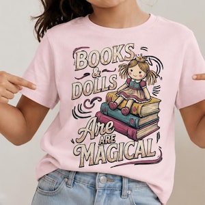 Books and Dolls PNG, Book Lover Sublimation Design, Reading Clipart, Magical Teacher PNG, Bookworm DTF Transfer, Girl Reading Graphic