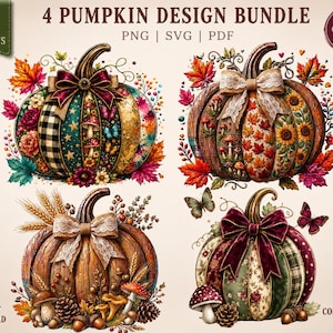 Op de afbeelding: Een digitaal grafisch pakket met vier verschillende pompoenillustraties versierd met herfstbladeren, paddenstoelen, zonnebloemen, vlinders en strikken. De tekst luidt 4 PUMPKIN DESIGN BUNDLE, PNG, SVG, PDF, HIGH QUALITY 300 DPI, INSTANT DOWNLOAD, COMMERCIAL USE.