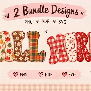 Fall and Merry Patchwork PNG Bundle | Plaid Gingham Word Sublimation Design | Instant Download