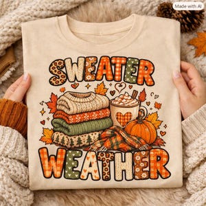Op de afbeelding: Een beige t-shirt met een grafische print met de tekst "SWEATER WEATHER". Het ontwerp bevat een stapel gevouwen truien, een mok warme chocolademelk met een hartjespatroon, een pompoen en herfstbladeren in oranje, groene en bruine tinten.
