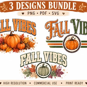 Op de afbeelding: Een digitaal ontwerppakket met drie verschillende afbeeldingen met de tekst FALL VIBES. De ontwerpen bevatten oranje pompoenen, kleurrijke herfstbladeren en cirkelvormige kaders in oranje, groene en crèmetinten, als PNG, PDF en SVG-bestanden.