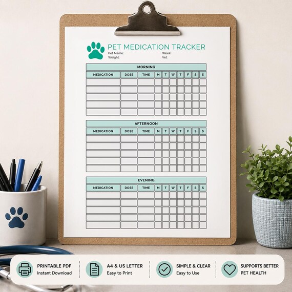 Weekly Pet Medication Tracker | Pill Log, A4/US Letter (Digital Download)