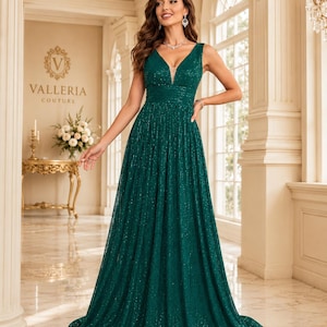 emerald green cocktail dress for wedding Satin Flowy Emerald Dress V-neck Long Sleeve Satin Dress Open Back Dress Want to make some changes to the dress Ladivine 9245 Elegant Embellished Tulle