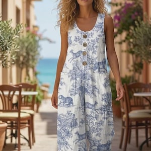 Boho Blumen Jumpsuit Frauen, Strampler mit weitem Bein mit Taschen Ärmelloses Sommer Outfit, leichte Boho Urlaub One Piece Resort Wear