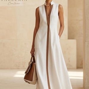 Robe longue grande taille, Robe d'invitée de mariage, Robe sans manches à col en V, Robe de soirée trapèze, Robe de soirée élégante
