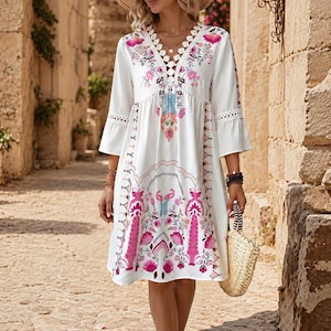 bohemian vintage dresses Allegra K Vintage-Inspired Boho All-Over Floral Print 3/4 Lantern Sleeves Mini Dress, Apricot / L up front and a drawstring waist for a tailored fit Bohemian Vintage Wedding Dresses Joni,