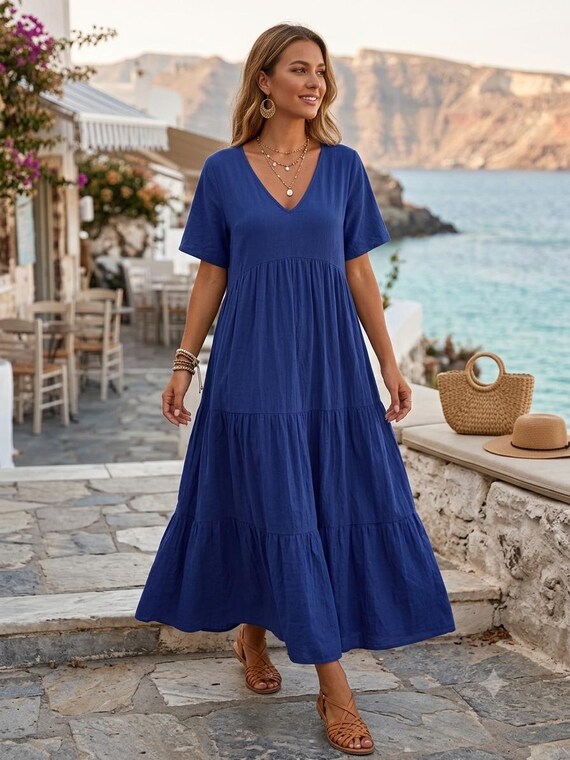 flowy beach dresses plus size Olive Green Maxi Dress, Loose Boho Dress, Cottagecore Dress, Summer Dress, Dress, Pullover Dress Gift for Her sarong strand this swimsuit offers exceptional Size:37 (US 7) SHEIN Lady Light Blue