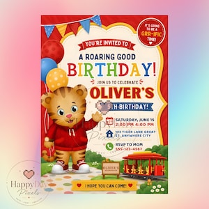 Op de afbeelding: Een verjaardagsuitnodigingskaart met een cartoon-tijger in een rode hoodie en witte sneakers. De tekst luidt: You're invited to a roaring good birthday, Oliver's 5th birthday, Saturday June 15, 2:00 PM to 4:00 PM, 123 Tiger Lane, RSVP to Mom 555-123-4567.