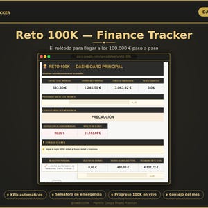 Könnte beinhalten: Eine digitale Finanz-Tracker-Tabelle mit dem Titel Reto 100K auf einem Bildschirm. Die Benutzeroberfläche zeigt ein Dashboard mit Abschnitten für Gesamtkapital, monatliche Ersparnisse, Notfallfonds und Fortschrittsbalken auf dunklem Hintergrund.