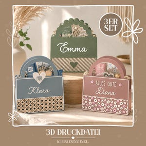 Puede incluir: Un conjunto de tres cajas de regalo decorativas con forma de bolso en verde oliva, azul polvoriento y malva. Cada caja presenta nombres personalizados, patrones florales o geométricos y detalles de corazones recortados. El texto dice 3ER SET, HAPPY BIRTHDAY, Emma, FÜR, Klara, ALLES GUTE y Diana.