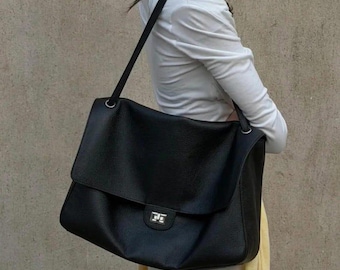Schwarze Leder-Überschlagtasche, Schultertasche aus genarbtem Leder, Umhängetasche mit Drehverschluss, Handtasche im Vintage-Stil für Damen, Echtledertasche