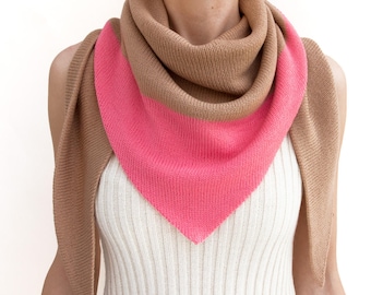 triangle scarf, beige, pink, camel, color block, knit scarf, knit triangle scarf, scarf, shawl, color block scarf, knitwear, THE KNIT KID