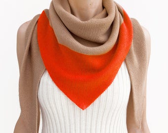 Bufanda triangular, beige, rotorango, naranja, bloque de color, tela de punto, lana merino, bufanda triangular, bufanda de punto, bufanda de punto, EL NIÑO KNIT