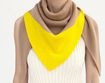 triangle scarf, beige, yellow, camel, color block, knit scarf, knit triangle scarf, scarf, shawl, color block scarf, knitwear, THE KNIT KID