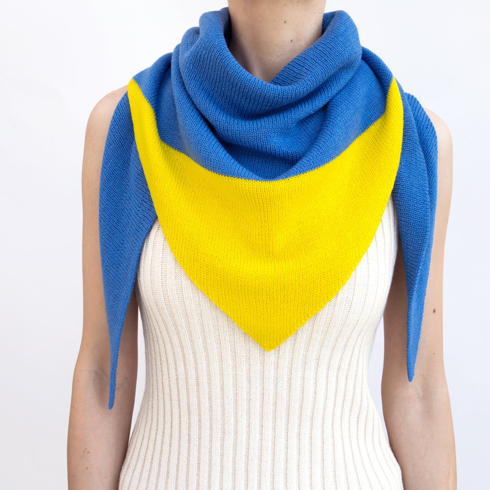 Triangle Scarf Blue Yellow Color Block Knit Scarf Knit Etsy
