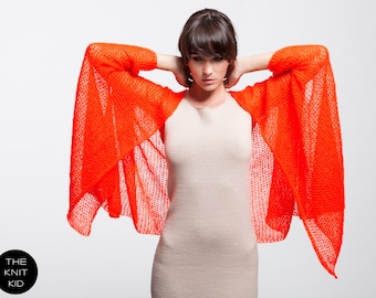 Cape neon orangerot Mohair THE KNIT KID theknitkid orange rot Strickmantel Strickjacke