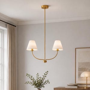 Lineaire kroonluchter messing, witte stoffen tinten, 2-6 lichts plafondarmatuur, hanglamp uit het midden van de eeuw, verlichting keukeneiland