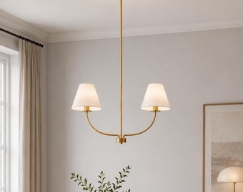 Lineaire kroonluchter messing, witte stoffen tinten, 2-6 lichts plafondarmatuur, hanglamp uit het midden van de eeuw, verlichting keukeneiland
