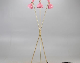 Vintage Brass Tripod Floor Lamp, Mid Century Modern Standing Lamp, Adjustable Pink Floor Light, Retro Lighting