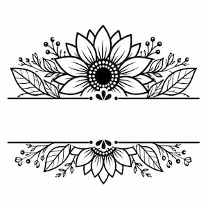 Cadre SVG monogramme floral | Monogramme tournesol divisé | SVG nom personnalisé | Monogramme PNG | Design découpé au laser Cricut