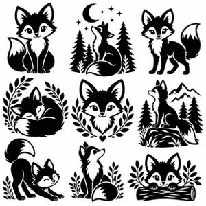 Può includere: Una collezione di nove illustrazioni grafiche in bianco e nero raffiguranti volpi in varie pose. I disegni includono volpi sedute, addormentate, in piedi e che interagiscono con elementi naturali come pini, montagne, foglie e tronchi.