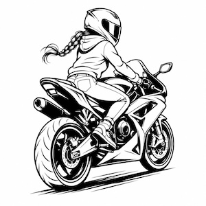 Peut inclure: Une illustration graphique en noir et blanc représentant une personne portant un casque avec une longue tresse, chevauchant une moto sportive. Le conducteur porte une veste à capuche et un pantalon, vu de trois-quarts arrière.