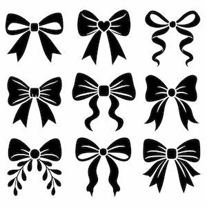 Peut inclure: Une collection de neuf silhouettes de nœuds noirs disposées en une grille de trois par trois. Chaque nœud présente des formes de ruban uniques, incluant des variantes avec des extrémités pointues, des queues bouclées, un cœur central.
