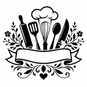 May include: A black and white graphic illustration featuring a chef hat centered above a rolling pin, spatula, whisk, spoon, and knife. The kitchen tools are framed by floral sprigs and a blank horizontal ribbon banner with a heart at the base.