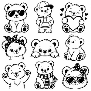 Puede incluir: Una colección de nueve ilustraciones de arte lineal en blanco y negro que muestran osos de dibujos animados en varias poses. Los osos llevan accesorios como gafas de sol, una gorra de béisbol, una sudadera con capucha, una diadema de lunares y bufanda.