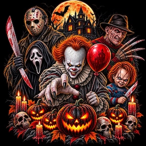 Op de afbeelding: Een duistere illustratie met vijf horrorfilmfiguren, waaronder een gemaskerd figuur met een kapmes, een spookachtig figuur met een kap, een clown met een rode ballon, een littekenachtige man met klauwhandschoenen en een pop met een mes, omringd door pompoenen, schedels en kaarsen.
