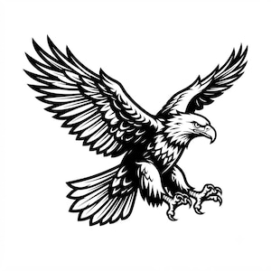 May include: A high-contrast black and white graphic illustration of a bald eagle in flight. The eagle is depicted with its wings fully extended upward, head turned to the right, and talons reaching forward in a sharp, detailed vector style.