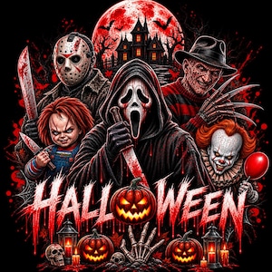 Puede incluir: Una ilustración gráfica con personajes icónicos de películas de terror, incluyendo un asesino enmascarado, una muñeca, una figura con garras y un payaso, frente a una luna roja y una casa embrujada. El texto HALLOWEEN aparece en una fuente roja sangrienta.