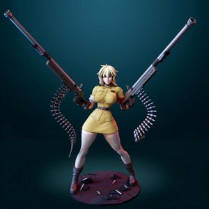 May include: A blonde character figurine wearing a yellow collared shirt, a matching skirt, and white thigh-high stockings. The figure holds two large, long-barreled machine guns with dangling ammunition belts, standing on a dark circular base.