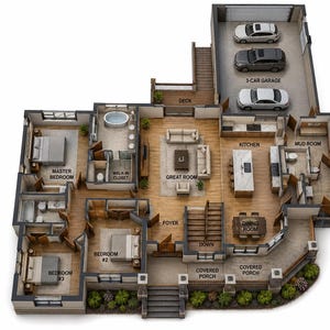 May include: A 3D floor plan of a residential home featuring a three-car garage, a great room, a kitchen with an island, a dining room, a foyer, three bedrooms, a walk-in closet, a mudroom, and two covered porches with wooden flooring throughout.