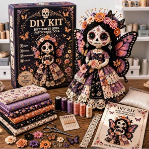 May include: A DIY kit for a Butterfly Soul patchwork doll, featuring a finished doll with a floral crown and butterfly wings, a box with text, fabric stacks in purple and orange, spools of thread, needles, scissors, and an instruction booklet.